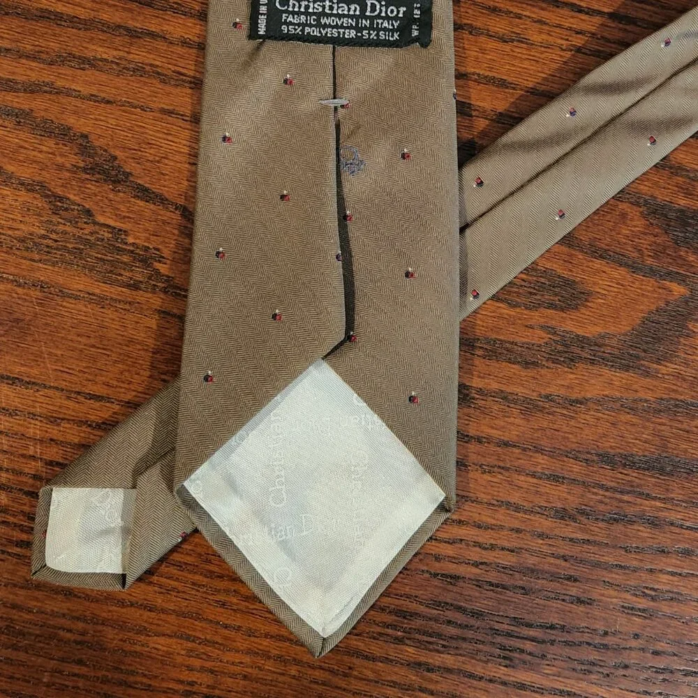 Vintage Christian Dior Logo Men’s Tie Taupe w/ White Diamond Dot Blue Dash Marks - Picture 4 of 5